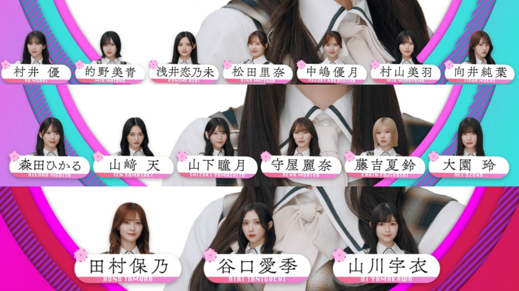 櫻坂46『愛MUST BE』の16人フォーメーション。上から3列目7人、2列目6人、1列目3人。