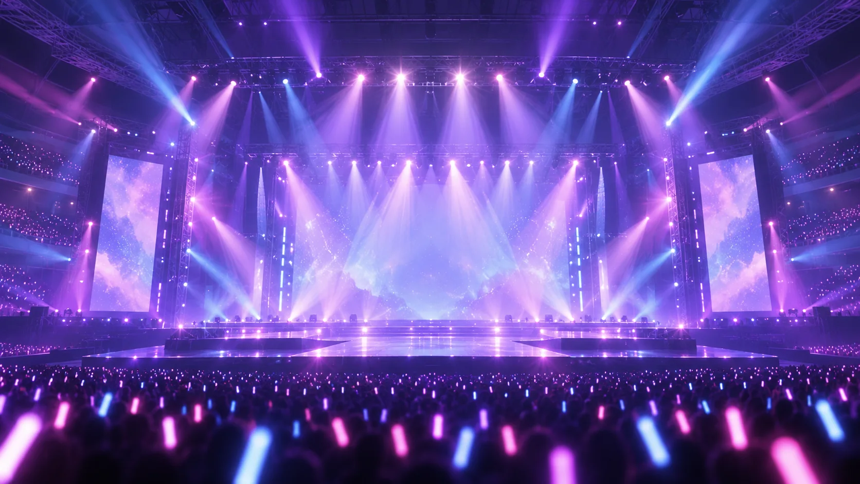 紫の光とサイリウムが広がるライブ会場のイメージイラスト