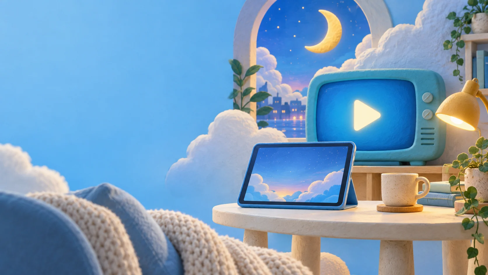 空色のテレビとタブレット、月と雲を描いた、くつろいだ視聴時間のイメージイラスト
