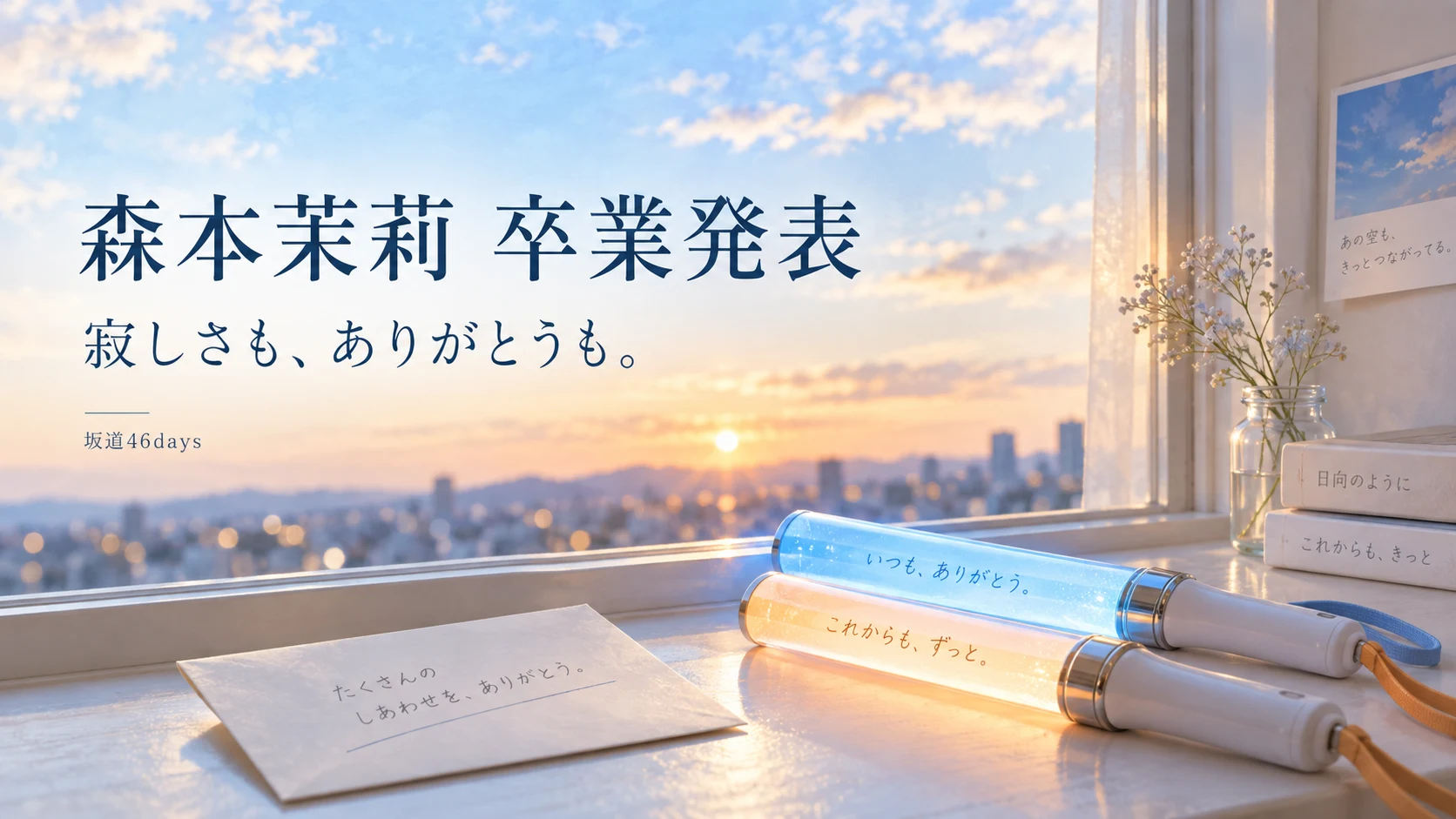 森本茉莉 卒業発表。寂しさも、ありがとうも。空色とオレンジのペンライトを描いたイメージ