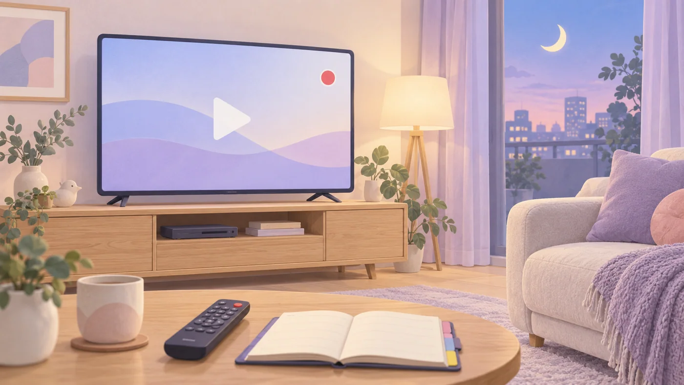 深夜番組の録画を準備する、テレビとリモコンのあるリビングのイメージ