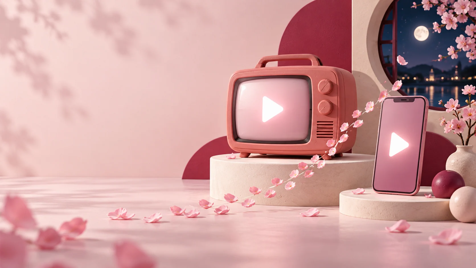 桜色のテレビとスマートフォンを花びらがつなぐ、番組視聴のイメージイラスト