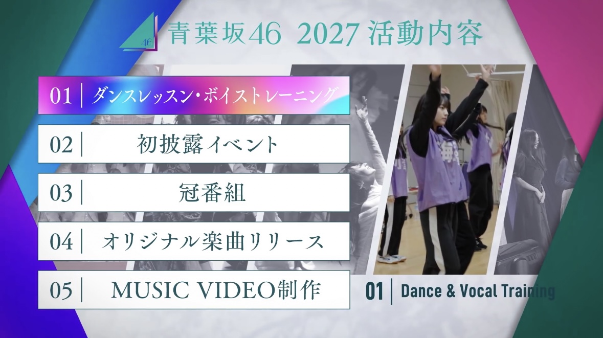 青葉坂46の2027年活動内容「ダンスレッスン・ボイストレーニング」の公式発表画面