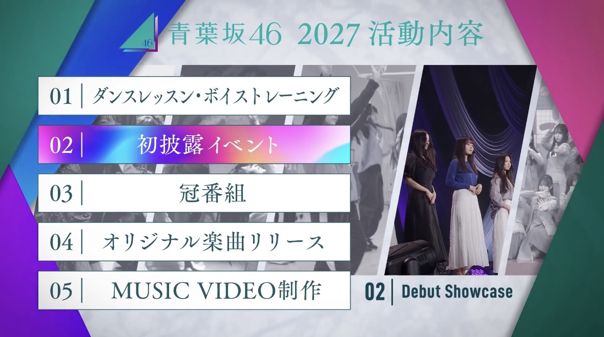 青葉坂46の2027年活動内容「初披露イベント」の公式発表画面