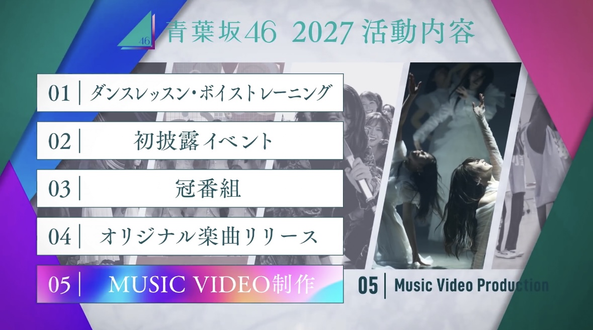 青葉坂46の2027年活動内容「MUSIC VIDEO制作」の公式発表画面