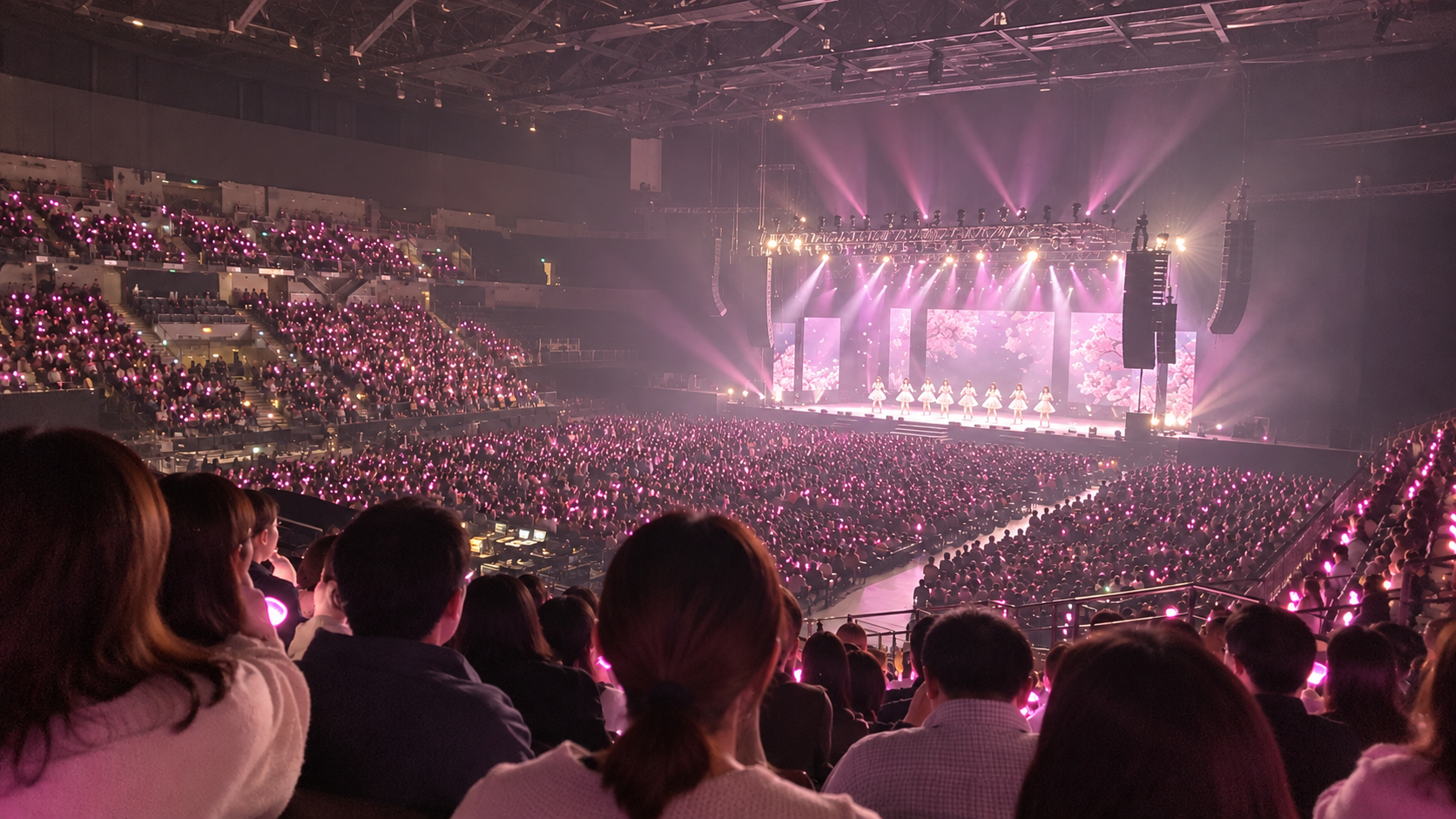 ピンクの照明とペンライトが広がるアイドルライブ会場のイメージ